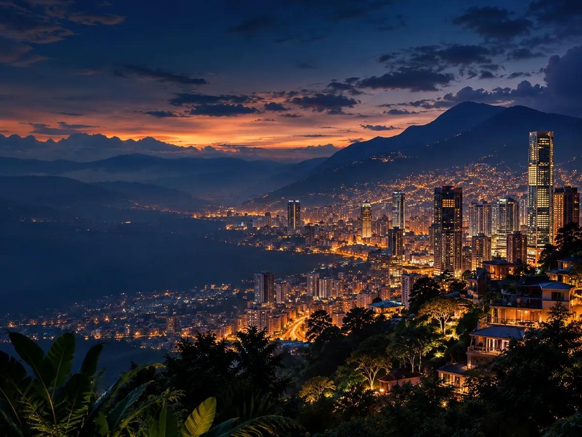 Skyline de la ciudad iluminada de noche entre montañas